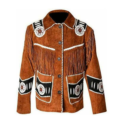 Brown Western Suede Leather Fringe Beaded Cowboy Jacket NLS-166