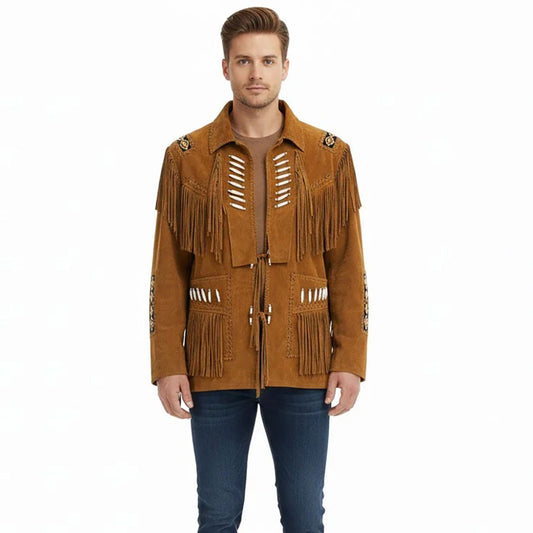 Brown Western Suede Leather Fringe Beaded Cowboy Jacket NLS-168