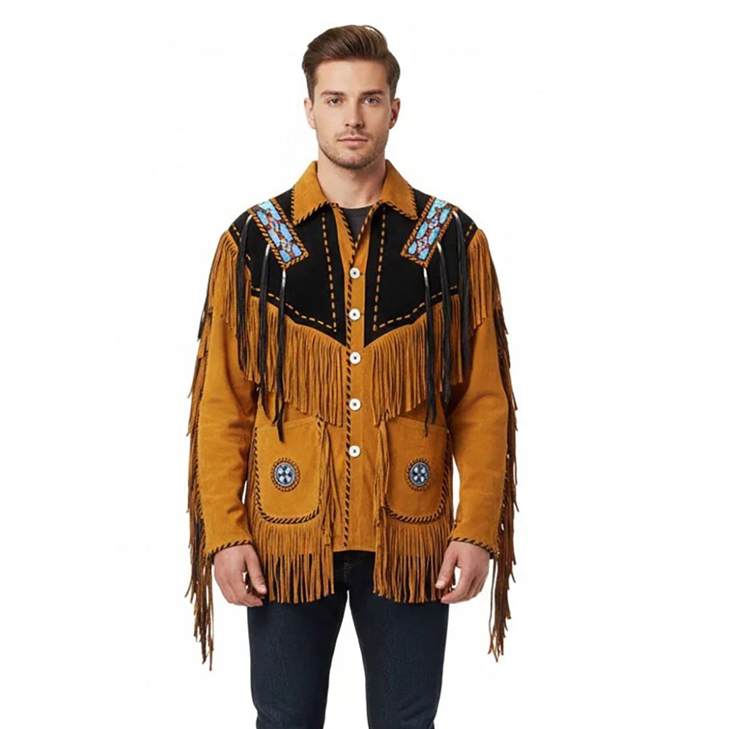Man wearing a brown fringed jacket with decorative patterns on a white background - Native Leather Shop