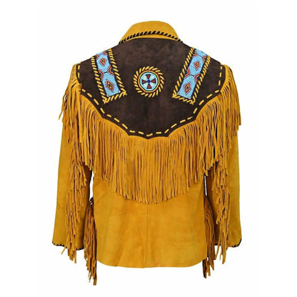 Brown Western Suede Leather Fringe Beaded Cowboy Jacket NLS-170