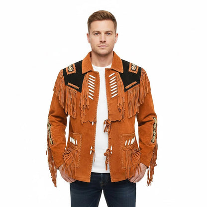 Brown Western Suede Leather Fringe Beaded Cowboy Jacket NLS-173