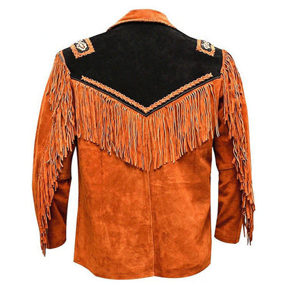 Brown Western Suede Leather Fringe Beaded Cowboy Jacket NLS-173