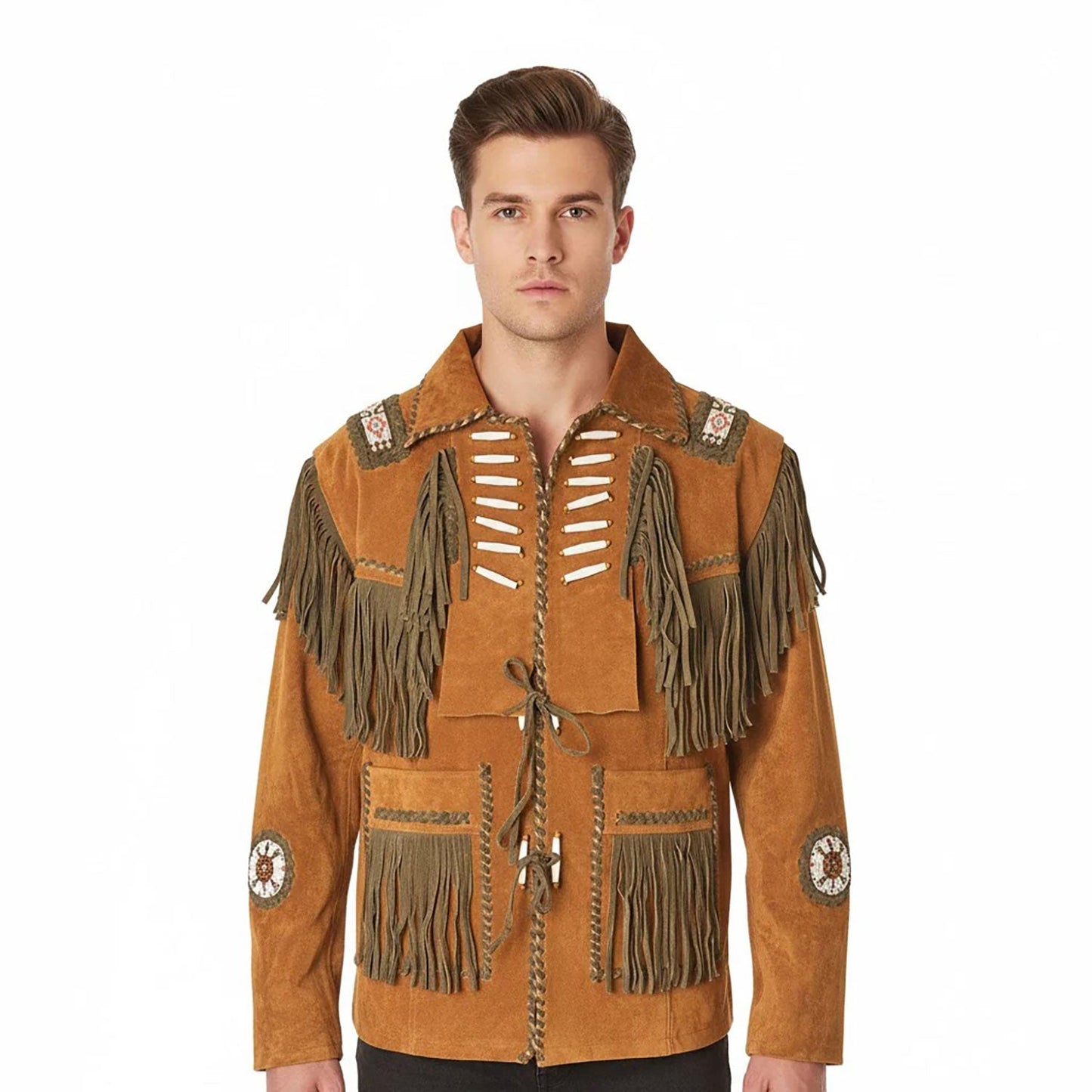 Brown Western Suede Leather Fringe Beaded Cowboy Jacket NLS-175