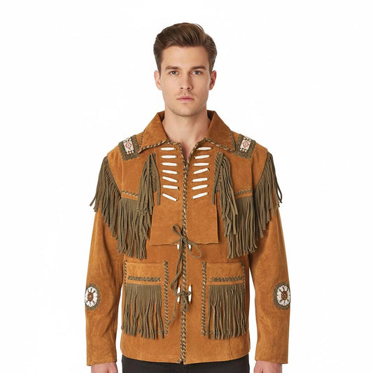 Brown Western Suede Leather Fringe Beaded Cowboy Jacket NLS-175