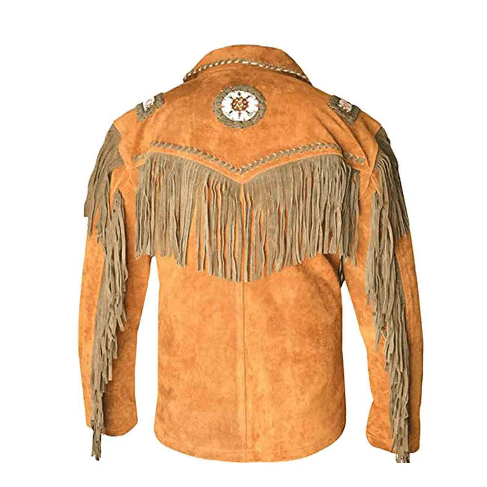 Brown Western Suede Leather Fringe Beaded Cowboy Jacket NLS-175