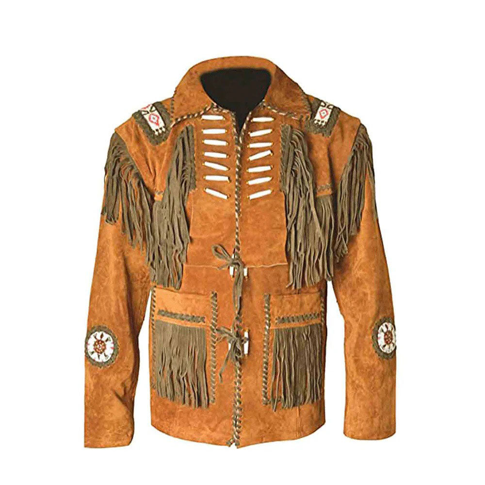 Brown Western Suede Leather Fringe Beaded Cowboy Jacket NLS-175