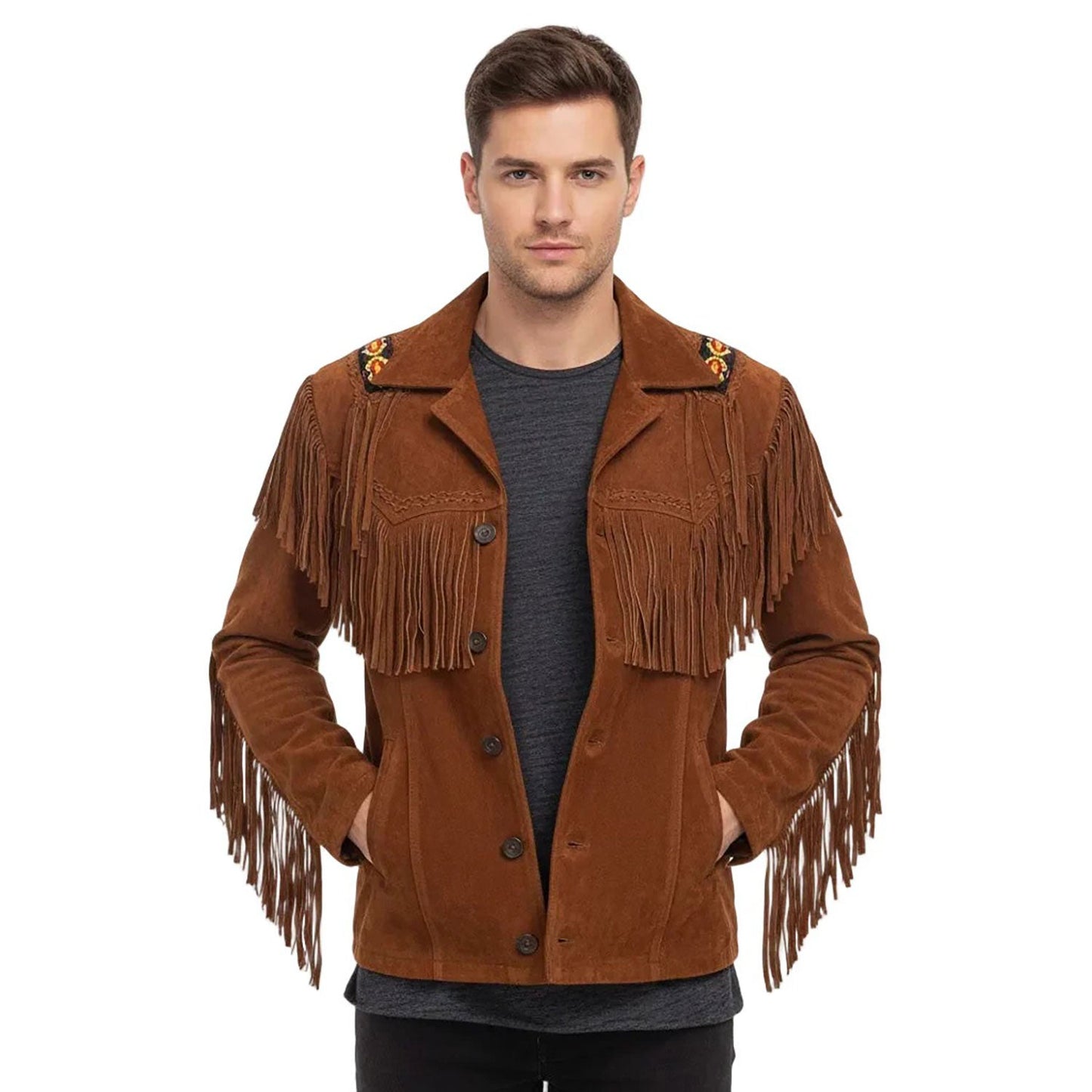 Brown Western Suede Leather Fringe Beaded Cowboy Jacket NLS-177
