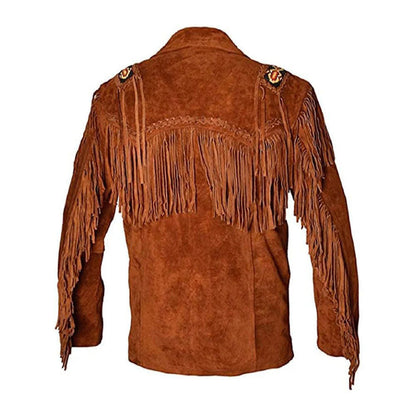 Brown Western Suede Leather Fringe Beaded Cowboy Jacket NLS-177