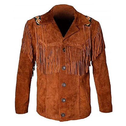 Brown Western Suede Leather Fringe Beaded Cowboy Jacket NLS-177