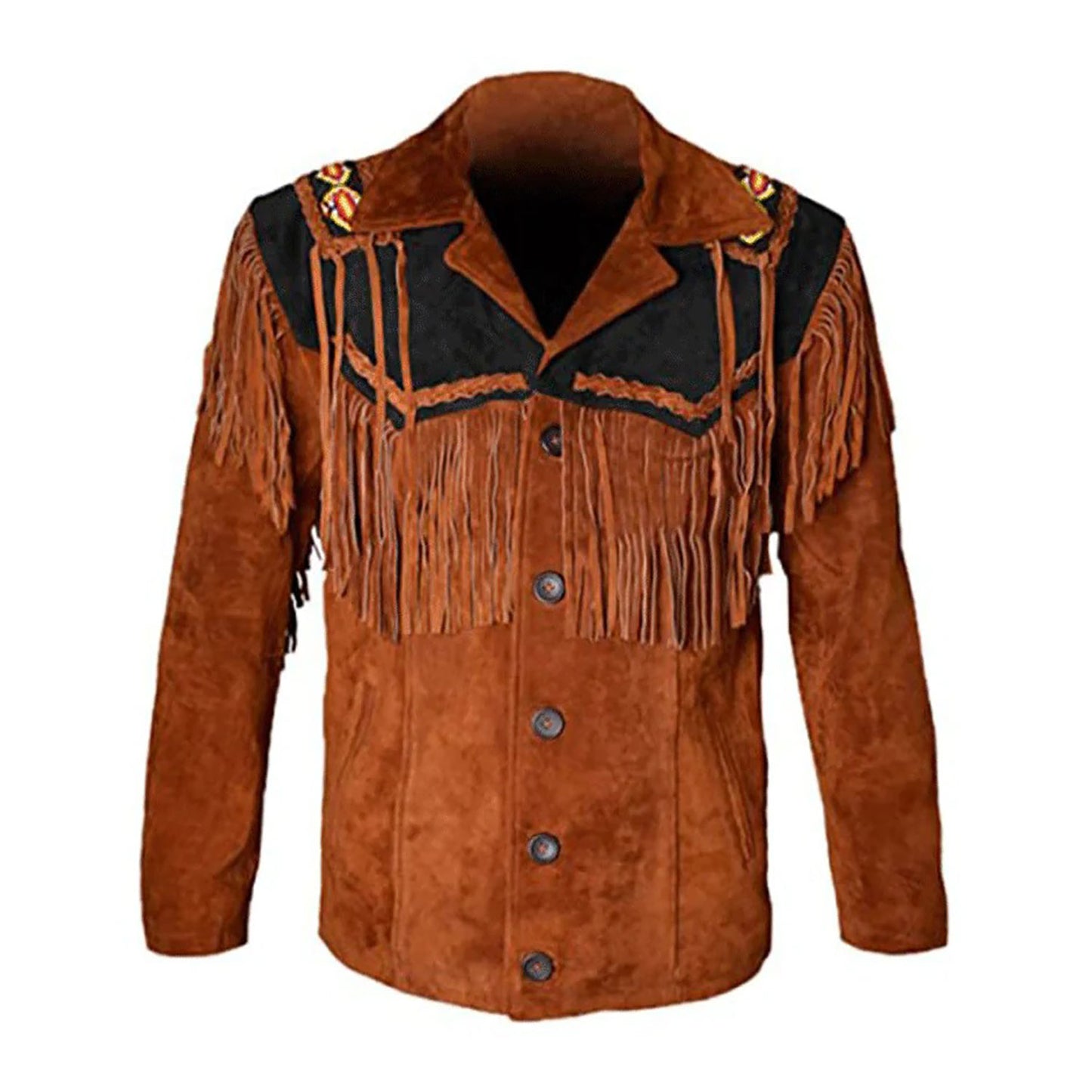 Brown suede jacket with black leather accents and fringes - Native Leather Shop