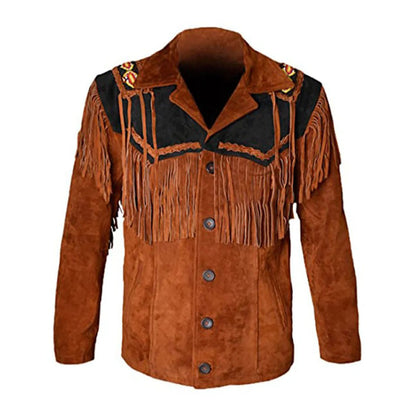 Brown suede jacket with black leather accents and fringes - Native Leather Shop