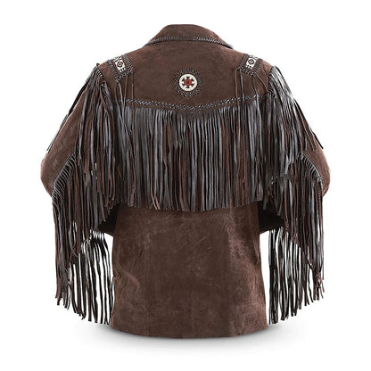 Brown Western Suede Leather Fringe Beaded Cowboy Jacket NLS-179