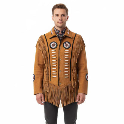 Brown Western Suede Leather Fringe Beaded Cowboy Jacket NLS-180