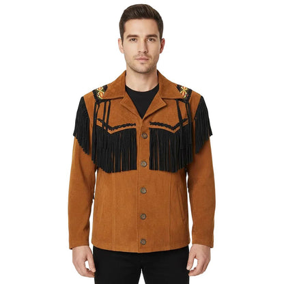 Brown Western Suede Leather Fringe Beaded Cowboy Jacket NLS-182
