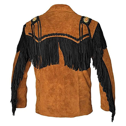 Brown Western Suede Leather Fringe Beaded Cowboy Jacket NLS-182