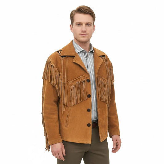 Brown Western Suede Leather Fringe Beaded Cowboy Jacket NLS-184