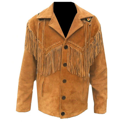 Brown Western Suede Leather Fringe Beaded Cowboy Jacket NLS-184
