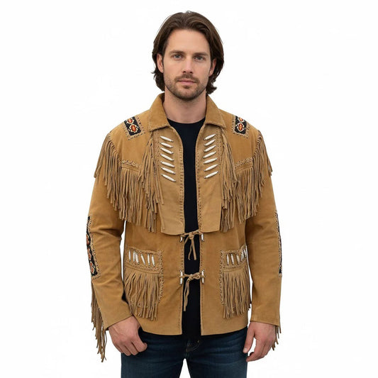 Brown Western Suede Leather Fringe Beaded Cowboy Jacket NLS-189