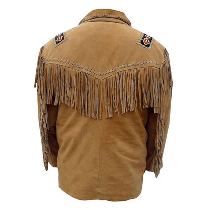 Brown Western Suede Leather Fringe Beaded Cowboy Jacket NLS-189
