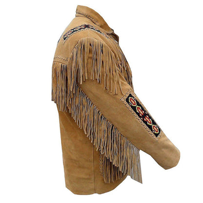 Brown Western Suede Leather Fringe Beaded Cowboy Jacket NLS-189