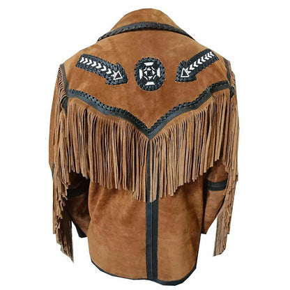 Brown Western Suede Leather Fringe Beaded Cowboy Jacket NLS-167