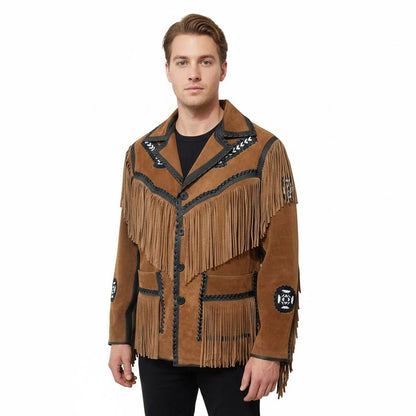 Brown Western Suede Leather Fringe Beaded Cowboy Jacket NLS-167
