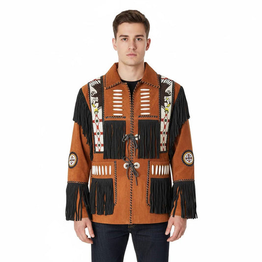 Brown Western Suede Leather Fringe Eagle Beaded Cowboy Jacket NL-128