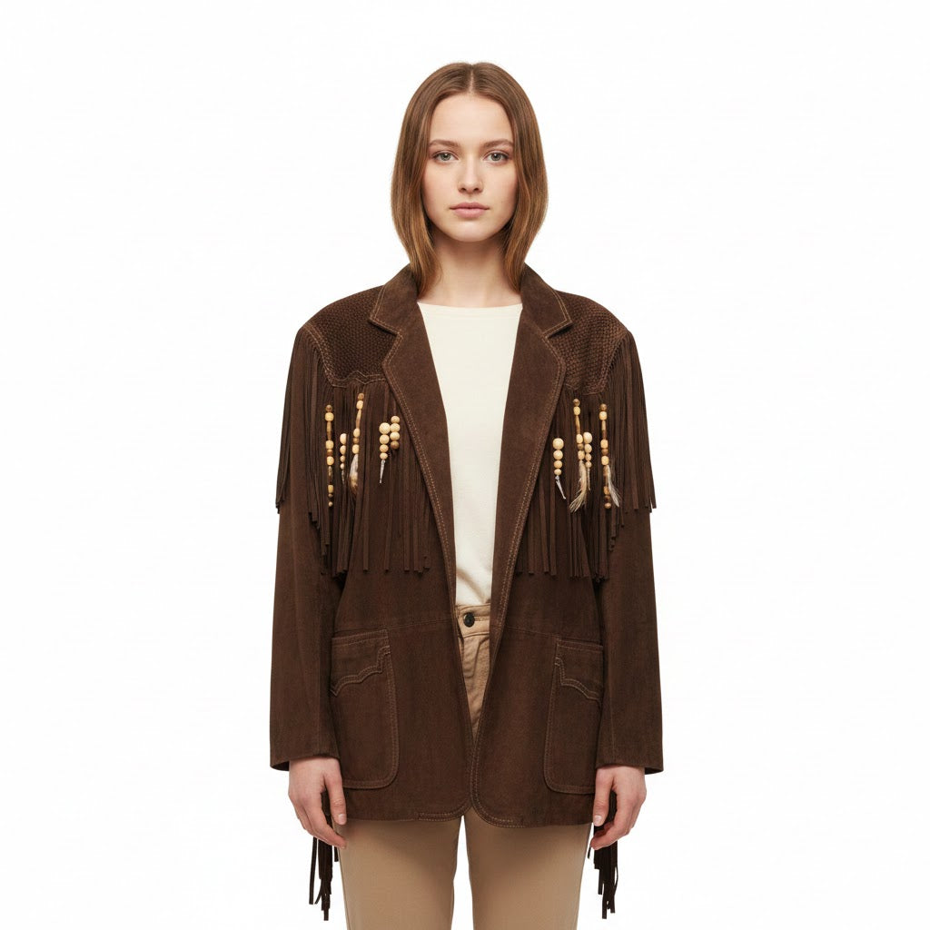 Brown Western Fringe Leather Coat for Women Cowgirl Style NLS-072