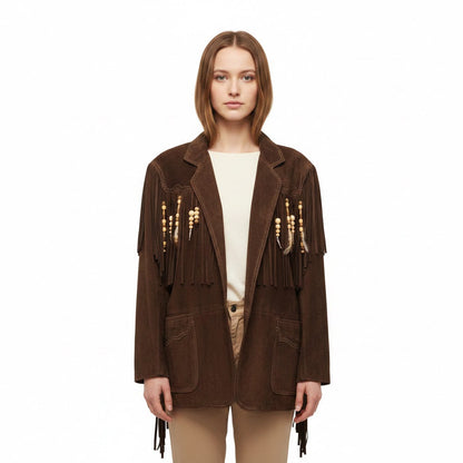 Brown Western Fringe Leather Coat for Women Cowgirl Style NLS-072