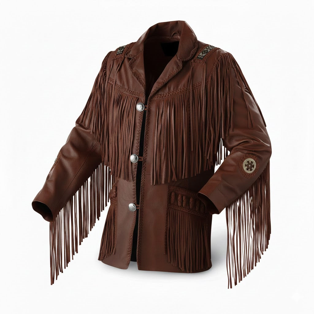 Grey Western Leather Fringe Beaded Cowboy Jacket NLS-058