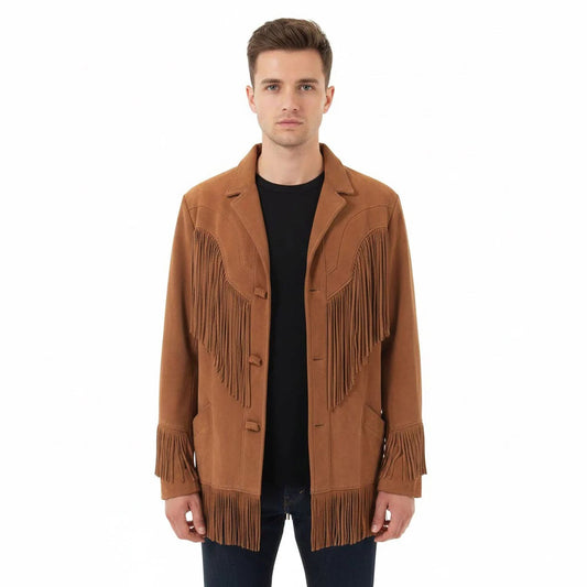 Man wearing a brown suede jacket with fringe details - Native Leather Shop