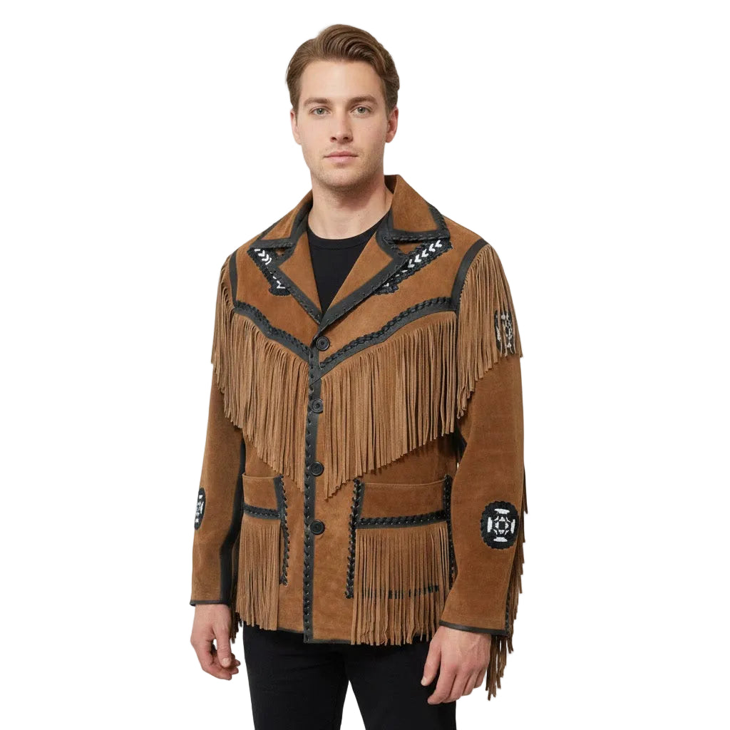 Brown Western Suede Leather Fringe Arrow Beaded Cowboy Jacket NLS-197