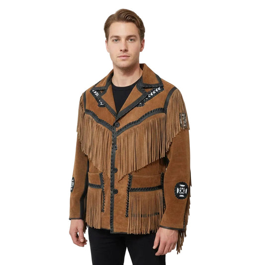 Brown Western Suede Leather Fringe Arrow Beaded Cowboy Jacket NLS-197