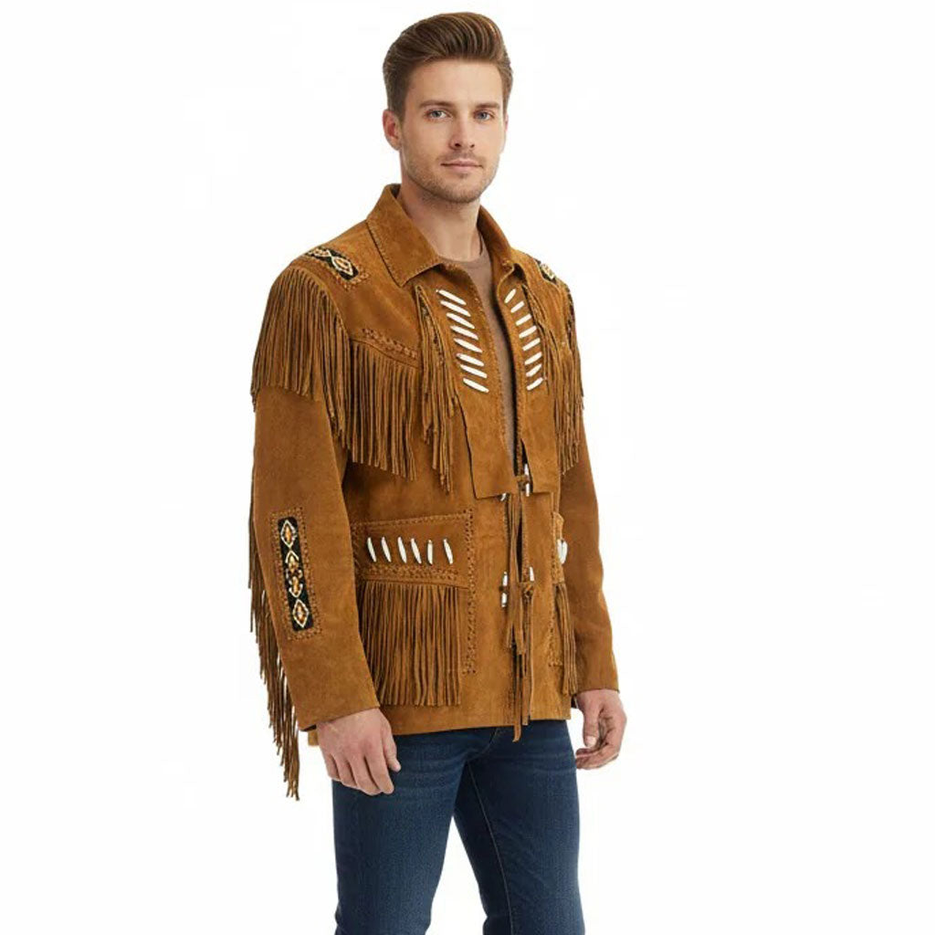 Brown Western Suede Leather Fringe Beaded Cowboy Jacket NLS-139