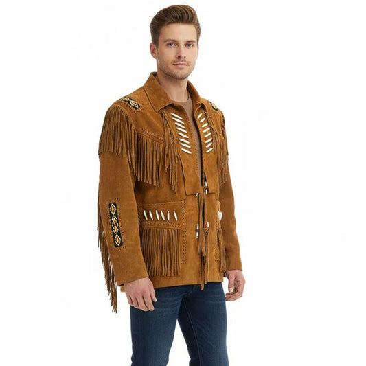 Brown Western Suede Leather Fringe Beaded Cowboy Jacket NLS-139
