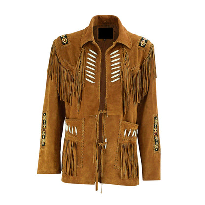 Brown Western Suede Leather Fringe Beaded Cowboy Jacket NLS-139