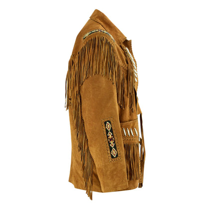 Brown Western Suede Leather Fringe Beaded Cowboy Jacket NLS-139