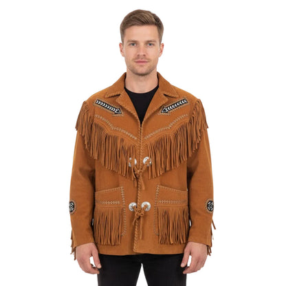 Brown Western Suede Leather Fringe Beaded Cowboy Jacket NLS-141
