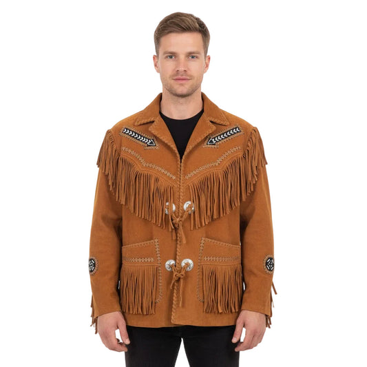 Brown Western Suede Leather Fringe Beaded Cowboy Jacket NLS-141