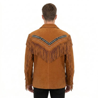 Brown Western Suede Leather Fringe Beaded Cowboy Jacket NLS-141