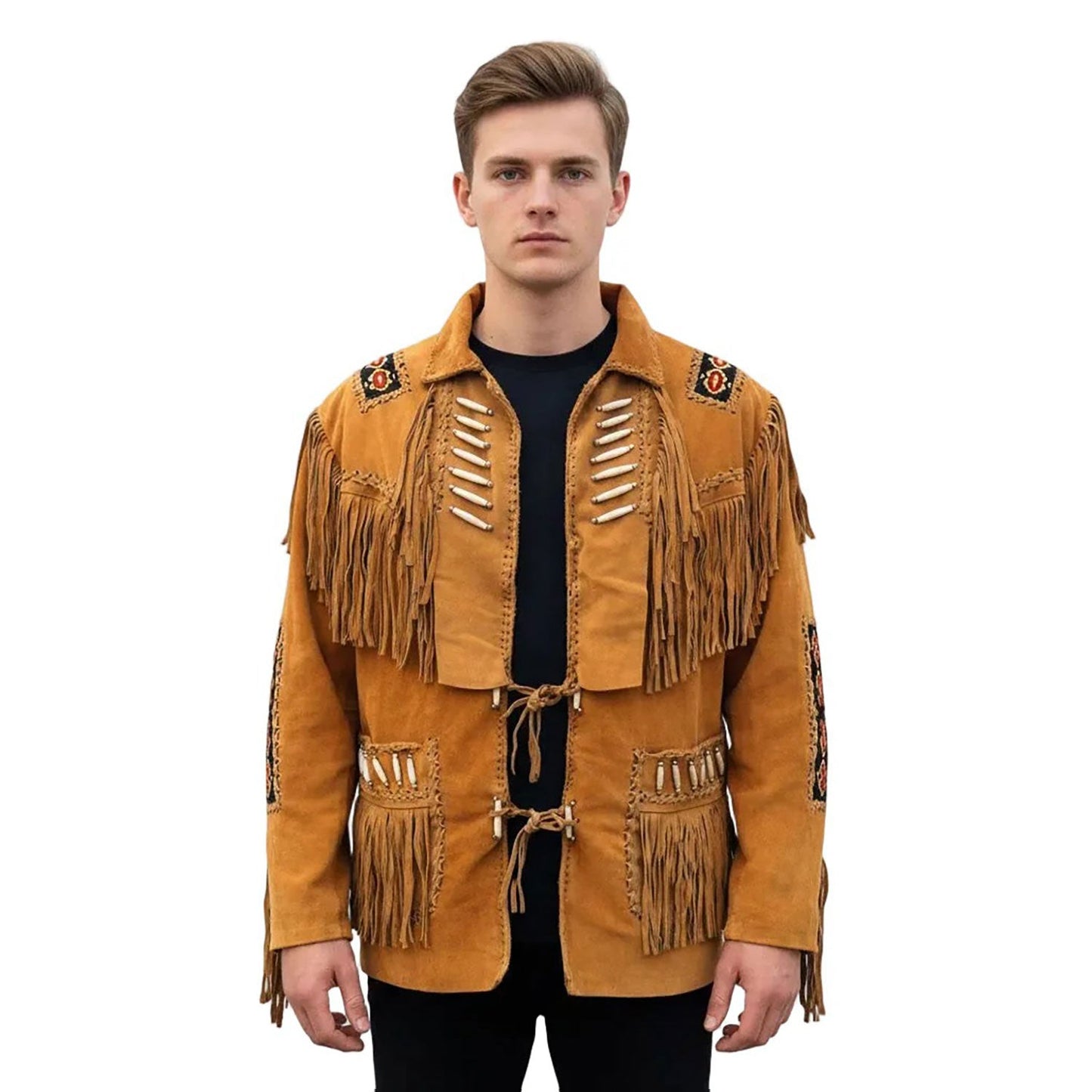 Brown Western Suede Leather Fringe Beaded Cowboy Jacket NLS-143