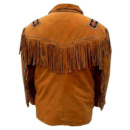 Brown Western Suede Leather Fringe Beaded Cowboy Jacket NLS-143