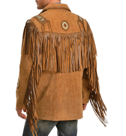 Brown Western Suede Leather Fringe Beaded Cowboy Jacket NLS-146
