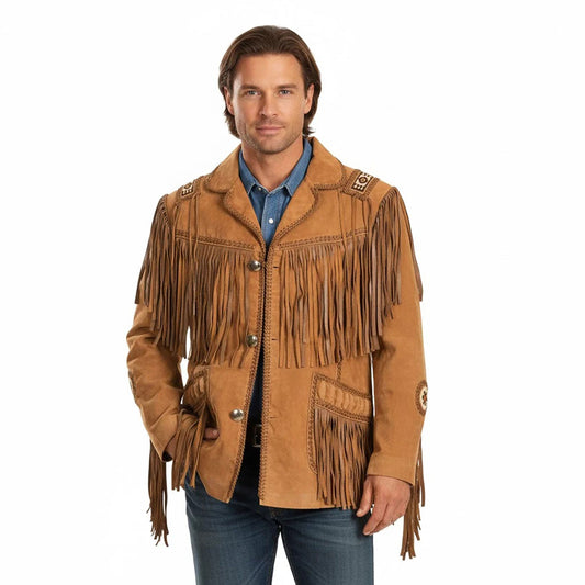 Brown Western Suede Leather Fringe Beaded Cowboy Jacket NLS-146