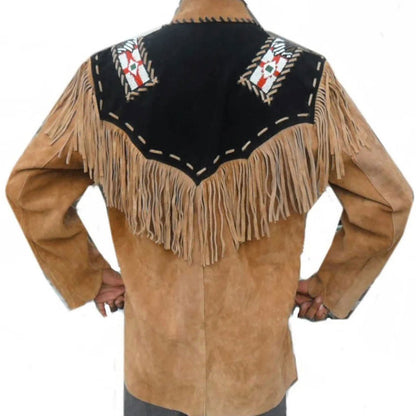 Brown Western Suede Leather Fringe Beaded Cowboy Jacket NLS-147