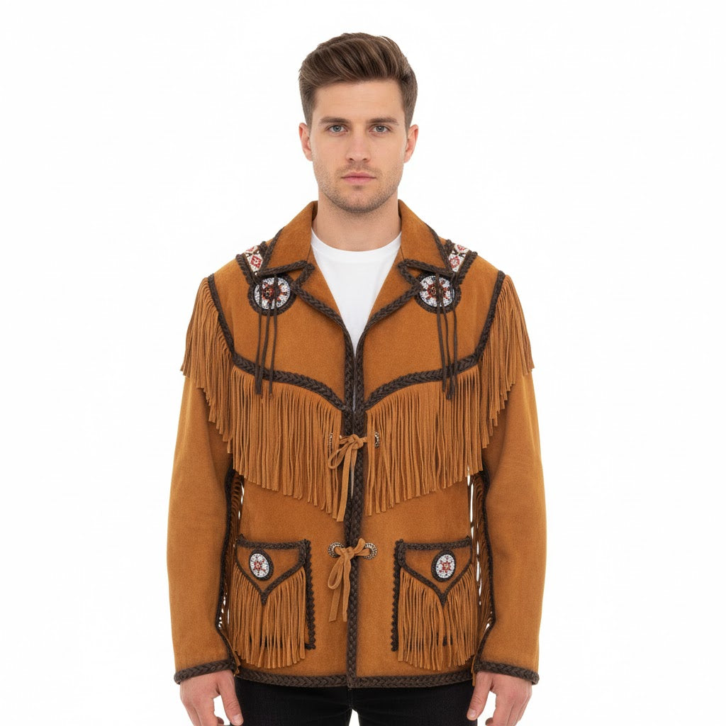 Brown Western Suede Leather Fringe Beaded Cowboy Jacket NLS-150