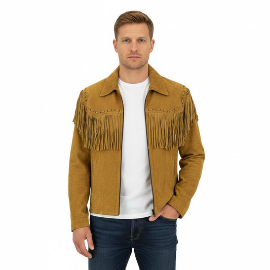 Man wearing a brown suede jacket with fringe details - Native Leather Shop
