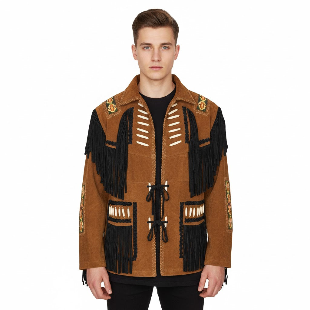 Man wearing a brown suede jacket with black fringe and embroidery - Native Leather Shop