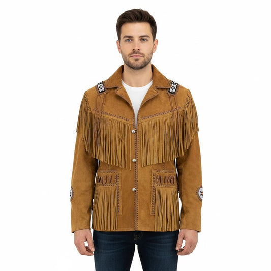 Brown Western Suede Leather Fringe Beaded Cowboy Jacket NLS-165