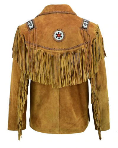 Brown Western Suede Leather Fringe Beaded Cowboy Jacket NLS-165